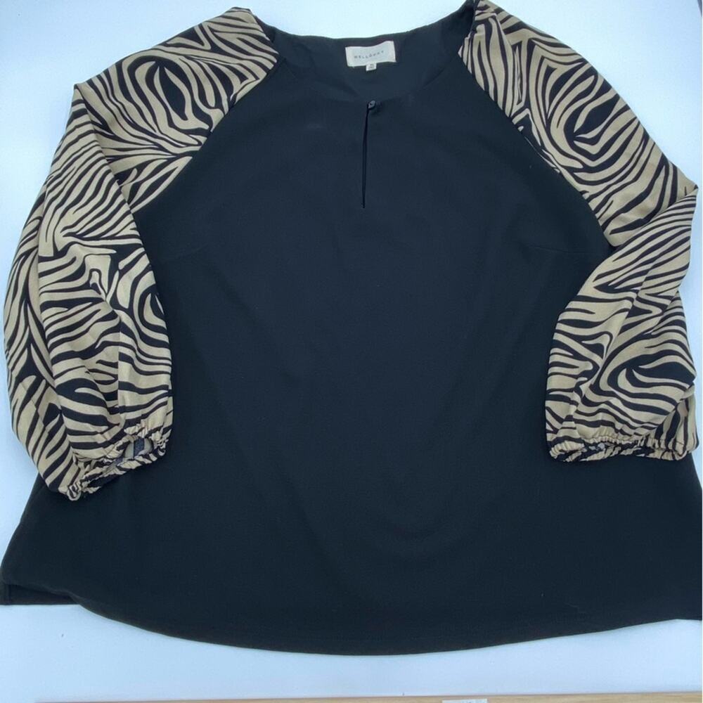 MELLODAY Top Woman’s XL Black & Tan Zebra Print Keyhole Mob Wife Business Casual
